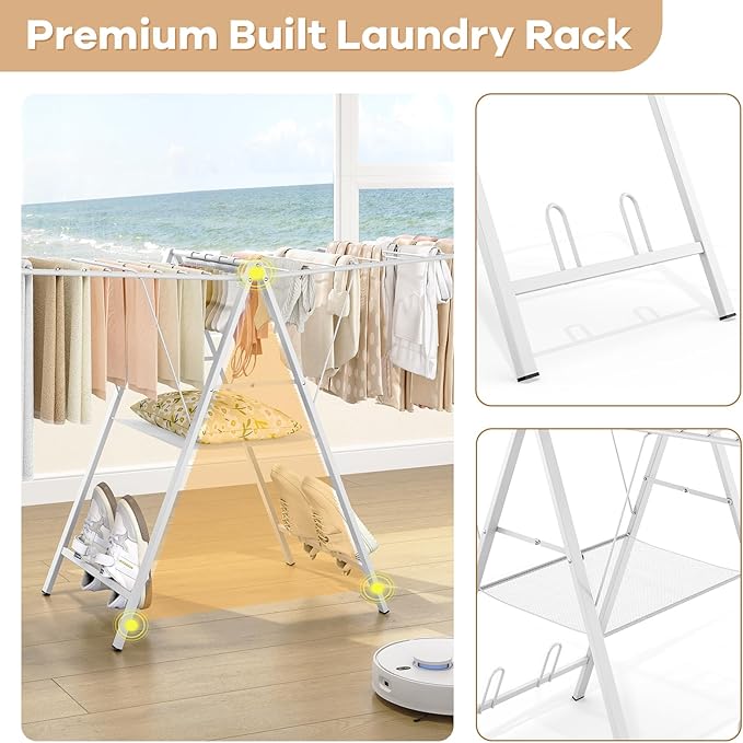 APEXCHASER Drying Rack for Clothing Foldable, Metal Laundry Rack Collapsible, Ultra Thin Gullwing Clothes Airer with Adjustable Height for Towel Baby Clothes Indoor Outdoor Laundry Room, White