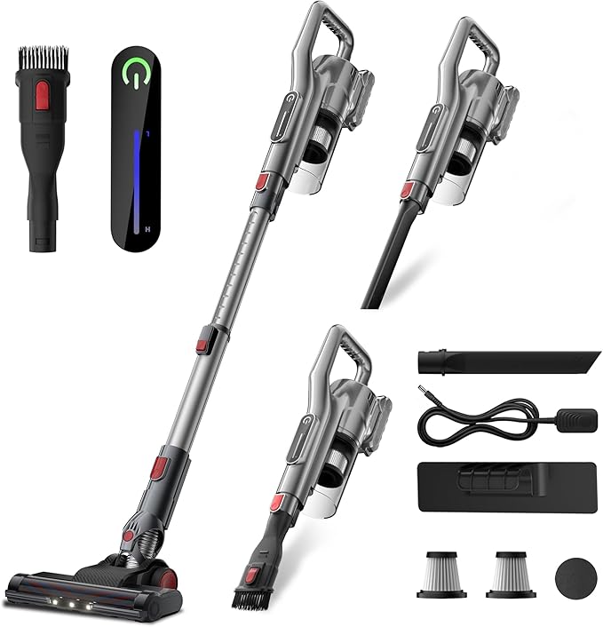 Cordless Vacuum Cleaner, Powerful Battery Vacuum Cleaner Cordless with LED Touch Screen & 2 Speeds, Lightweight Stick Vacuum Cleaners for Home, Pet Hair & Hardwood Floor,Silver