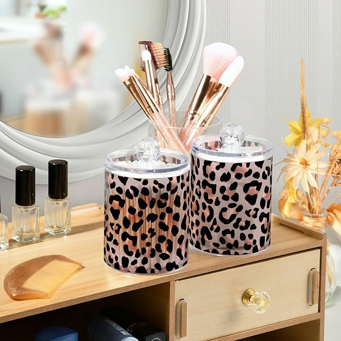 2 Pack Qtip Holder Dispenser Rose Gold Black Leopard Bathroom Storage Canister Lid Acrylic Plastic Apothecary Jar Set Vanity Makeup Organizer for Cotton Swab/Ball/Round Pads, Floss