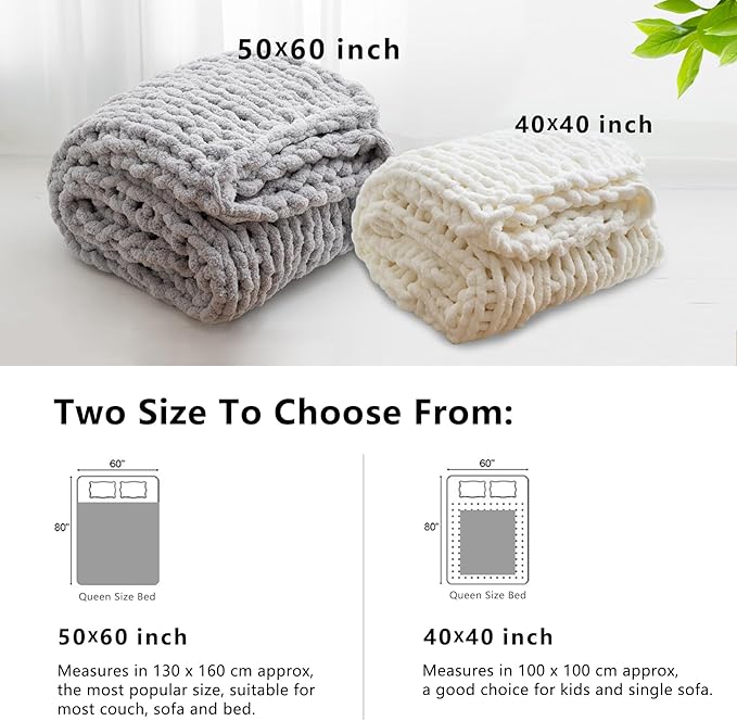 WESHIONGOO Chunky Knit Throw Blanket 50"×60" Knitted Throw Blankets for Couch Bed Fluffy Soft Blanket with Jumbo Chenille Yarn Thick 100% Handmade (Cream White)