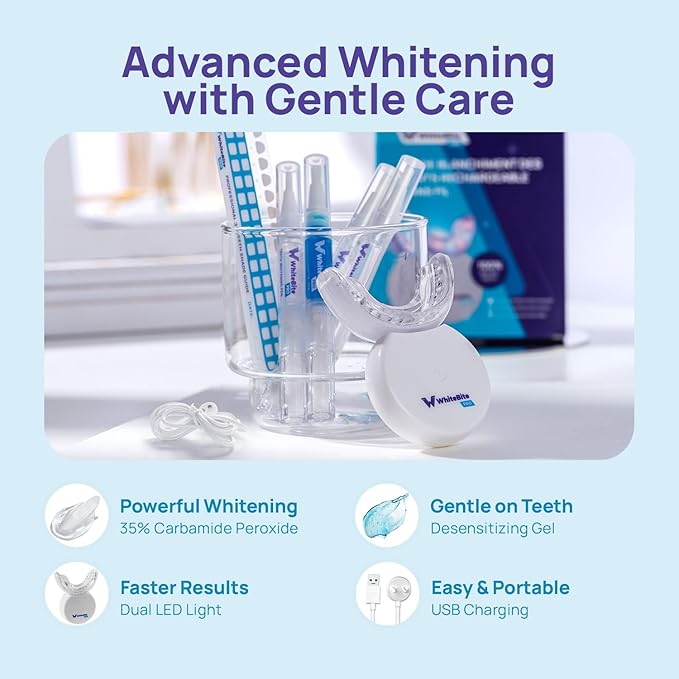 Whitebite Pro Teeth Whitening Kit for Sensitive Teeth – LED Light + 35% Carbamide Peroxide Gel + Remineralizing Gel | Dental-Grade Results at Home