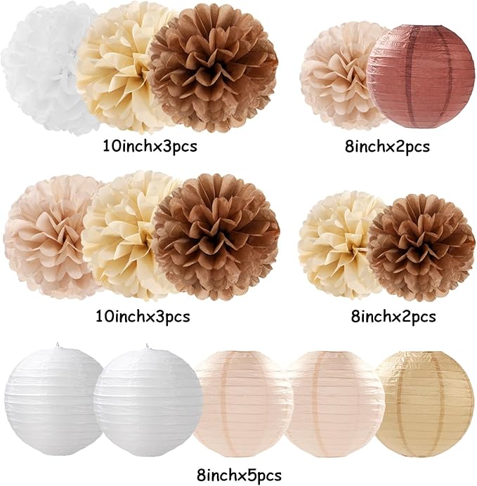 Boho Rustic Wedding Party-Decorations Paper Flowers Lanterns - 15PCS Fall Baby Shower Gender Neutral Streamers,Brown Champagne White Tissue Pom Poms,Autumn Birthday Bridal Decor Hugfond