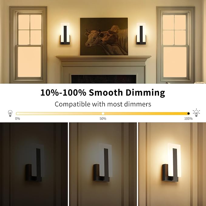 Joosenhouse Modern LED Wall Sconce Dimmable Wall Mounted Lamp Set of 2, Black 3000K Warm White Wall Lamp, Hardwired Bathroom Vanity Light, Indoor Wall Lights for Hallway, Bedroom, Study, Living Room.