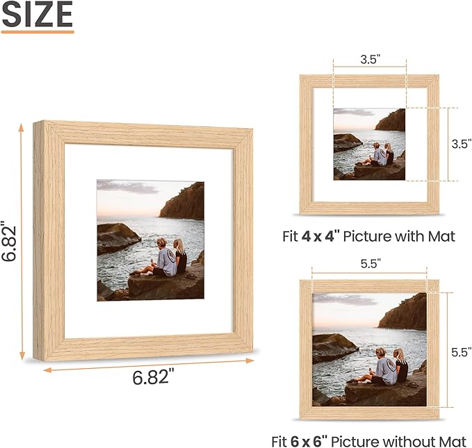 upsimples 6x6 Picture Frame, Natural Solid Wooden Picture Frames, Display 4x4 with Mat or 6 x 6 Without Mat, Wall or Tabletop, 1 Pack, Natural