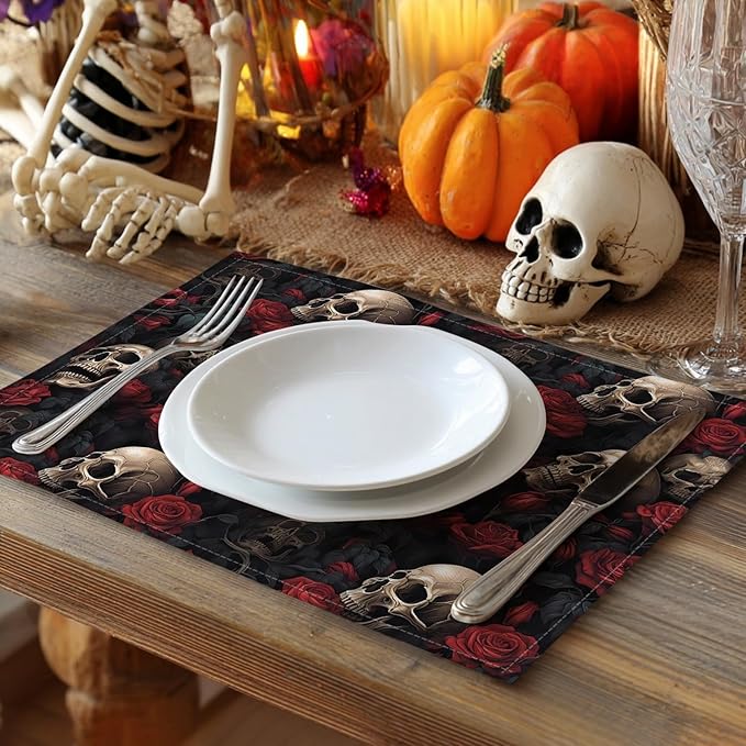 Halloween Skull Rose Placemats, Washable Heat Resistant 12×18 Inch Table Mats Floral Place Mats for Party Outdoor Decoration Kitchen Dining Décor