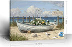 amatop Coastal Wall Art– Beach Scene Picture with Boat on Sandy Shore, Flowers and Sea Birds, Blue Ocean Seascape Themed Canvas Print Nautical Artwork for Bathroom and Bedroom Decor, Small 16x12 Inch
