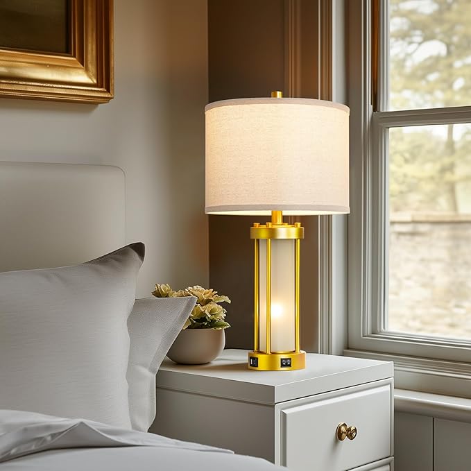 RORIA Modern Table Lamps for Living Room Set of 2, Farmhouse Bedroom Lamps for Nightstands with Dual USB Ports, Gold Bedside Lamps with White Frosted Glass Nightlight, 4 Bulbs Includes (Gold)
