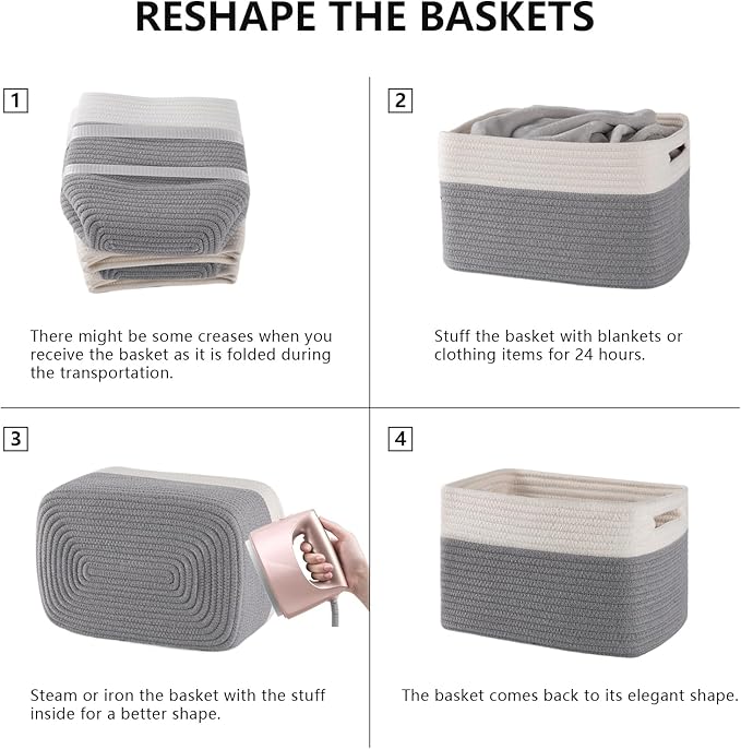 4 Pack Storage Baskets for Organizing, Woven Baskets for Shelves - Perfect for Toys, Books, Towels, and Clothes, Durable Gift Basket Bins Toy Storage, 12.7''L x9''W x7.8''H, Grey and White