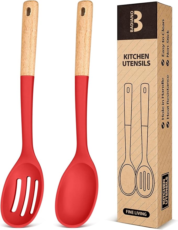 Silicone Cooking Spoons, Great for Scooping Sides and Serving Hearty Stews, BPA-Free Matte Silicone, Wooden Handle Serving Spoon for Nonstick Cooking Surfaces (Red)