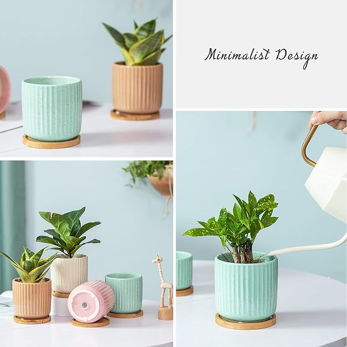 TAMAYKIM 4 Inch Cylinder Ceramic Boho Plant Pots with Drainage Hole and Saucer, Glazed Multicolor Flower Pots for Succulent, Snake Plant, Cactus and Herbs, Set of 4 (Plant Not Included)