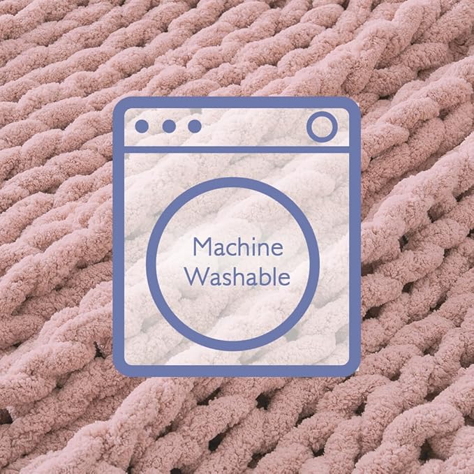 Bigacogo Chunky Knit Throw Blanket for Couch, 40x80 inches, 100% Hand Knitted with Thick Jumbo Chenille Yarn, Cozy Soft Large Rope Knot Cable Crochet Blankets for Sofa Bed Living Room, Dusty Pink