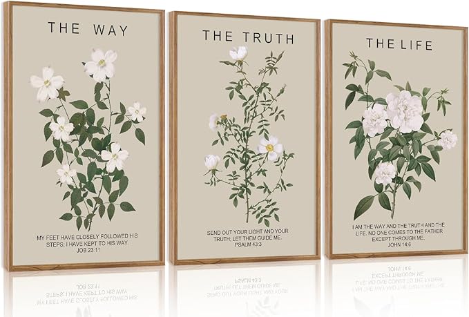 Aurlan The Way The Truth The Life Bible Verse Framed Wall Art(16"x24"), 3PCS Boho Christian Scripture Canvas Artwork, Large Floral Botanical Job 23:11 Psalm 43:3 John 14:6 Decor for Home Bedroom