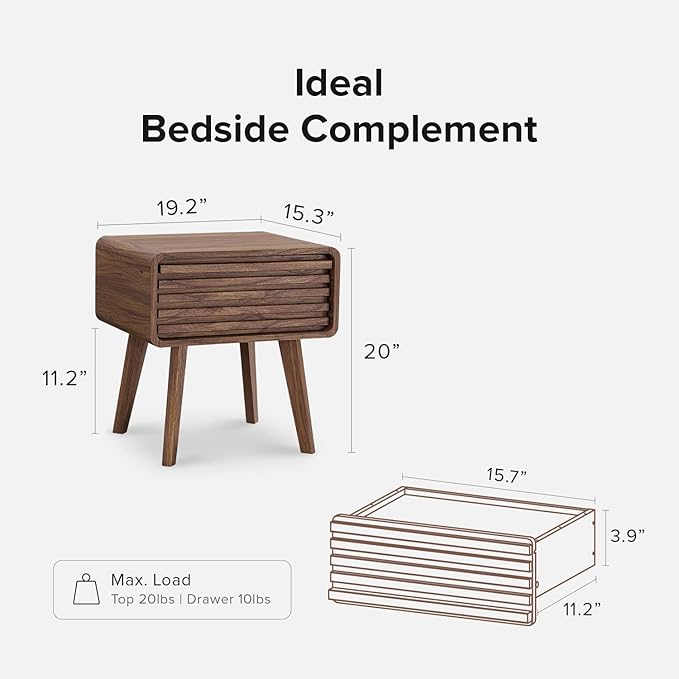 mopio Ensley Mid Century Modern Nightstand with Drawer - Bedside Table