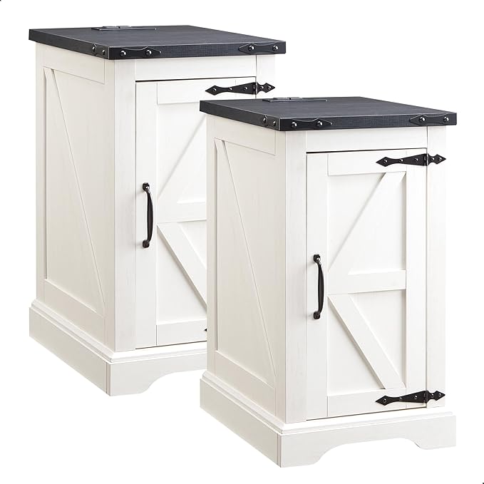 JXQTLINGMU Farmhouse Nightstand Set of 2 with Charging Station, 17" D Rectangular End Table with Barn Door & Adjustable Storage Shelf, Wood Rustic Sofa Side Table for Living Room, Bedroom, White