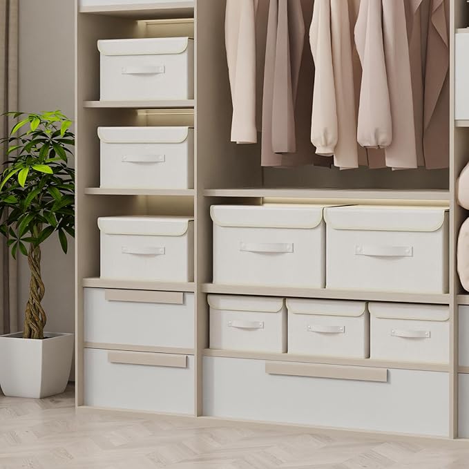 Fabric Storage Bins Cube Organizers with Flip-Top Lid and Handles,Storage Boxes for Organizing Home,Office,and Closet,Beige,3 Pack 10.2 X 7.9 X 6.7 in