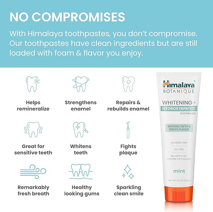 Himalaya Botanique Whitening + Hydroxyapatite Toothpaste for Whiter Teeth & Fresher Breath, Fights Plaque with Hydroxyapatite Support & Mint Flavor, Fluoride Free, SLS Free, & Vegan, 4.0 oz, 4 Pack