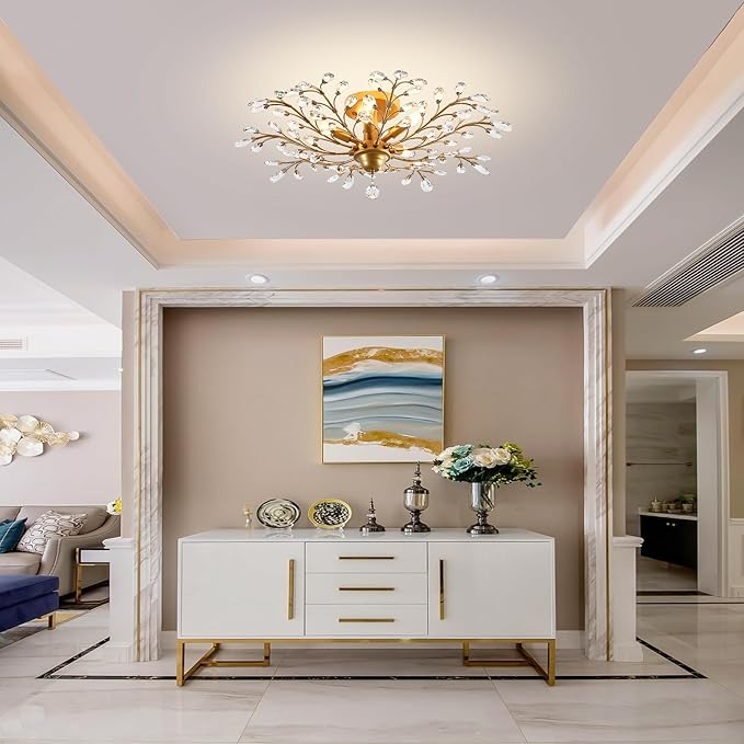 Ganeed Crystal Chandeliers,Vintage K9 Clear LED Ceiling Lighting,Edison Pendant Light Flush Mounted Fixture with 5 Light for Living Room Dinning Room Restaurant Porch Hallway (Gold)