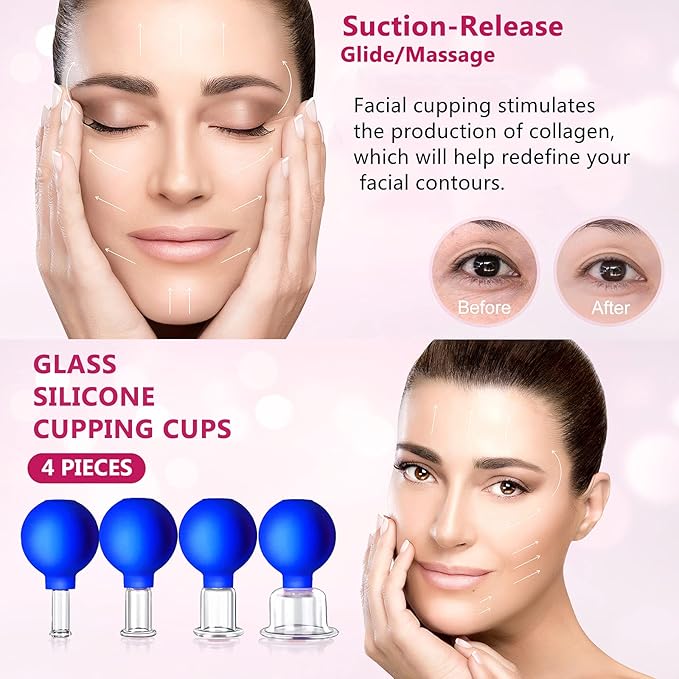 4 Size Facial Cupping Therapy Set Glass, Eye Face Vacuum Massage Anti Cellulite Cup - Silicone Cupping Massage Therapy, for Beauty Body Cup Fascia Massager(Softcover-Blue)