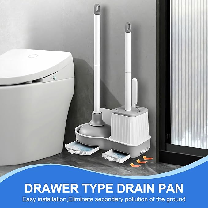2 Pack Toilet Brush and Plunger Set, 3 in 1 Toilet Bowl Brush and Holder with Crevice Cleaning Brush Wall Mounted Household Bathroom Cleaning Tools Combo(2)