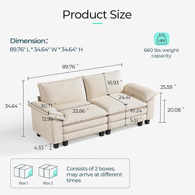 LINSY HOME Sectional Loveseat Sofa - 90'' Oversized Corduroy Cloud Couch Soft Modern Comfy Green Loveseat Couch Deep Seat Couches for Living Room Bedroom Apartment Office, Beige