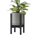 D'vine Dev Ceramic Planter with Ebony Stand - 8 Inch Modern Round Flower Pot with Wood Planter Holder, Grey, 55-B-M-3