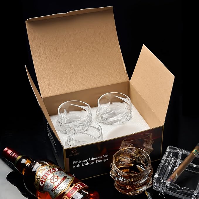 12 oz Hand Blown Crystal Whiskey Glasses Set of 4, Unique Cognac Glass, Heavy Thick Bottom Bar Glass for Scotch Bourbon Rum Gin Water Cocktail,Gifts Men Gifts Ideas
