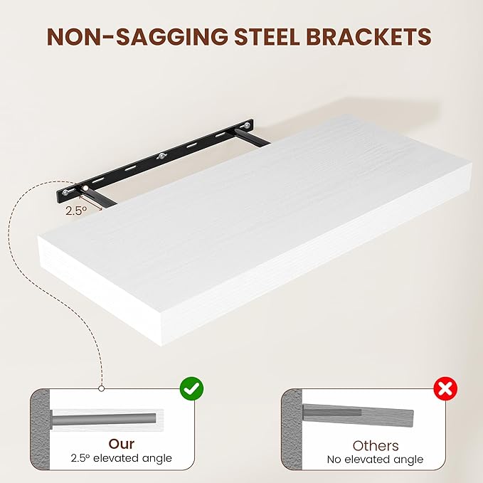 White Floating Shelves for Wall, 48 Inch X 12 Deep Shelves for Room Wall Mounted，2" Thick Heavy Duty Holds 75lbs Floating Shelf for Bedroom Bathroom Kitchen Laundry Room, Set of 2