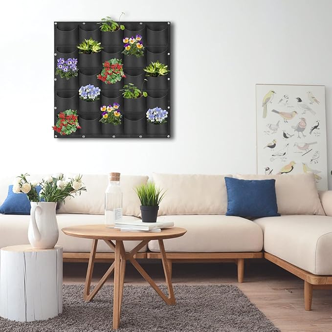 25 Pockets Hanging Planter Bags, Hanging Vertical Wall Mounted Plant Planting Grow Bags, Herb Garden Planter Outdoor Indoor Growing Bag, Gardening Vertical Greening Flower Container(1m×1m, Black)