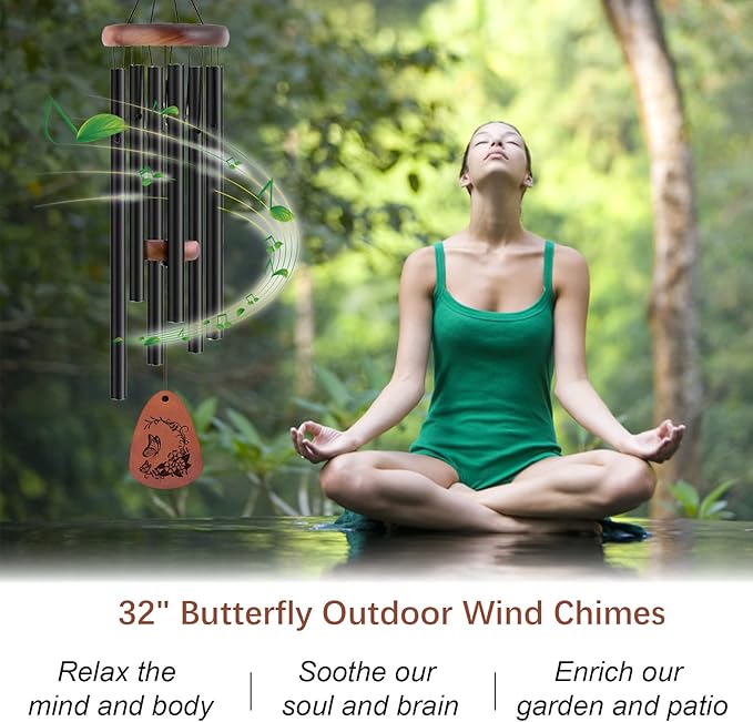 Wind Chimes for Outside, 32" Butterfly Windchime for Outdoor, Butterfly Gifts for Women Mom Sister, Garden Patio Gift Ideas for Friend Co-Worker (Black)