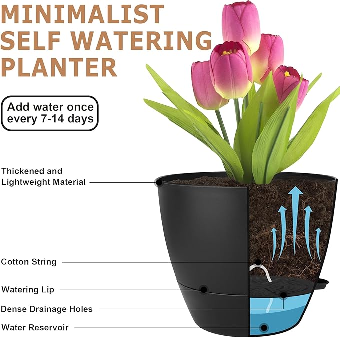 Plant Pots 12/10/9 Inch Self Watering Pots, Set of 3 Plastic Planters with Drainage Holes and Saucers,Plastic Flower Pots,Nursery Planting Pot for Indoor Out Door Plants(Pure Black)