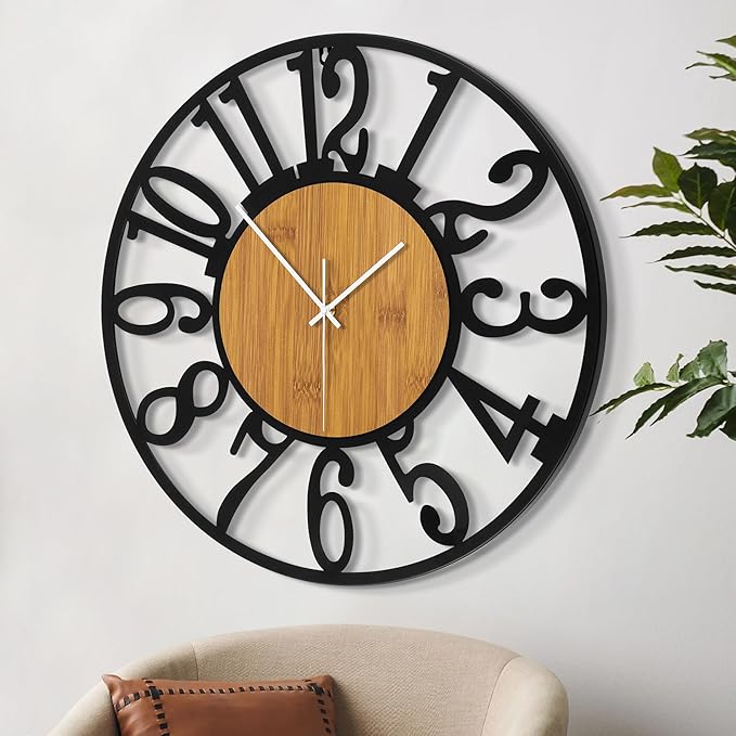 LEIKE 32" Oversized Large Wall Clocks,Silent,Non Ticking,Battery Operated Modern Round Big Wood Decorative Metal Wall Clock for Living Room, Bedroom,Kitchen,Farmhouse,Office Decor - Black,32 Inch