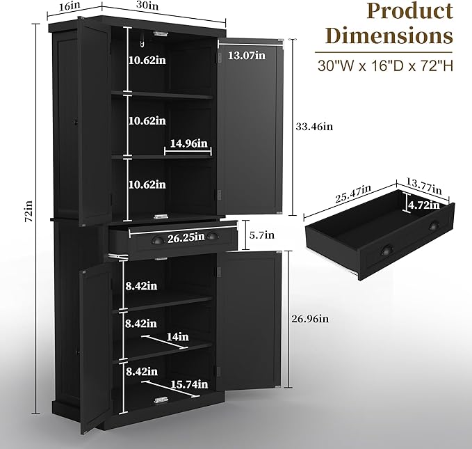 ARTPOWER 72" Tall Kitchen Pantry Storage Cabinet with Drawer and Adjustable Shelves, Pantry Cabinet for Kitchen, Bathroom or Hallway, Black