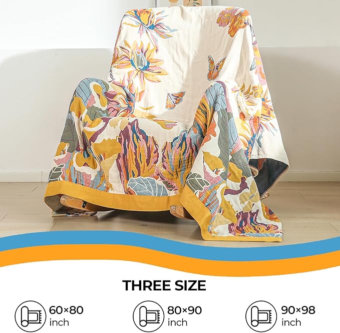 Boho Large Throw Blanket 90" x 98",100% Cotton Soft Sofa Bed Throw-Floral Butterfly Decor Blanket Reversible Bohemian Luxury Throw for Couch Sofa Chair Travel