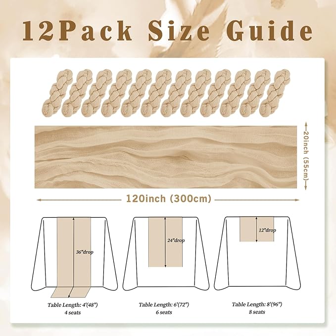 Sand 12 Pack 10FT Cheesecloth Table Runner 20 x 120 Inch Long Rustic Gauze Cheese Cloth Table Runner for Wedding Bridal Baby Shower Table Decorations Boho Fabric Sheer Birthday Party Table Decor