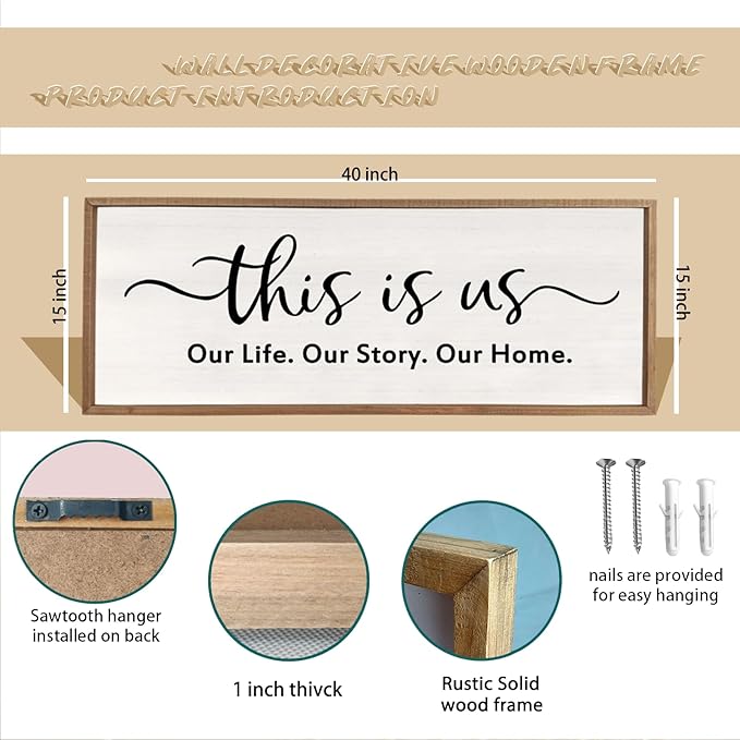 This is us Wall Decor Sign 40'' x 15'' Large Master Bedroom Home Life Story Wood Framed Vintage Family Sign Rustic Plaque Living Room Minimalist Farmhouse Hanging Wall Art (Wood)