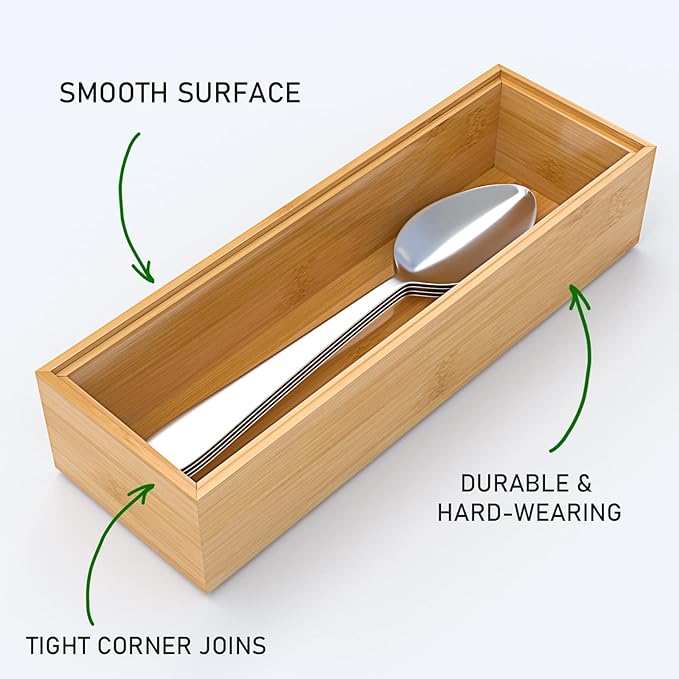 Silverware Tray for Drawer, Stackable Kitchen Bamboo Drawer Organizer 9" x 3" x 2" Set of 2