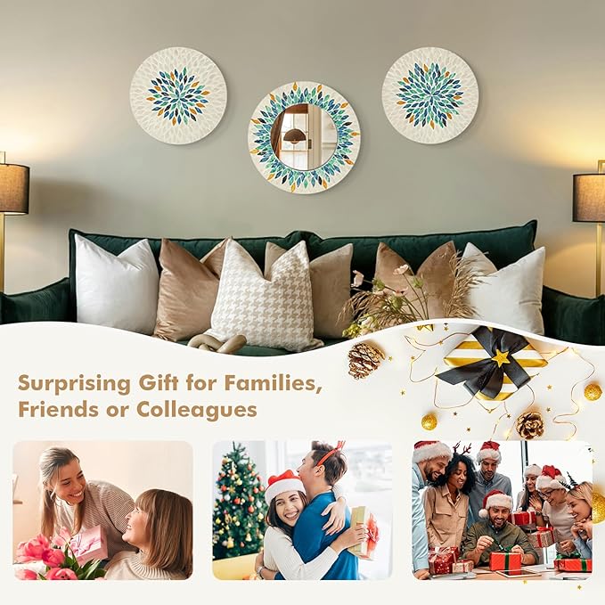 TEIPAI Jewel-Tone Mother of Pearl Mirror Wall Decor for Living Room, 3PCS Handmade Round Wall Art for Home Guest Room Decoration, Unique Mosaic Art Gift for Birthday Wedding Housewarming (Colored)