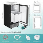 EUHOMY 15" W Commercial Under Counter Ice Maker Machine, 90 Lb/Day Auto-Cleaning & 24H Timer, Gravity Drainage,Stainless Steel Built-in Freestanding Ice Maker, 24 Lb Bin, Ideal for Commercial & Home
