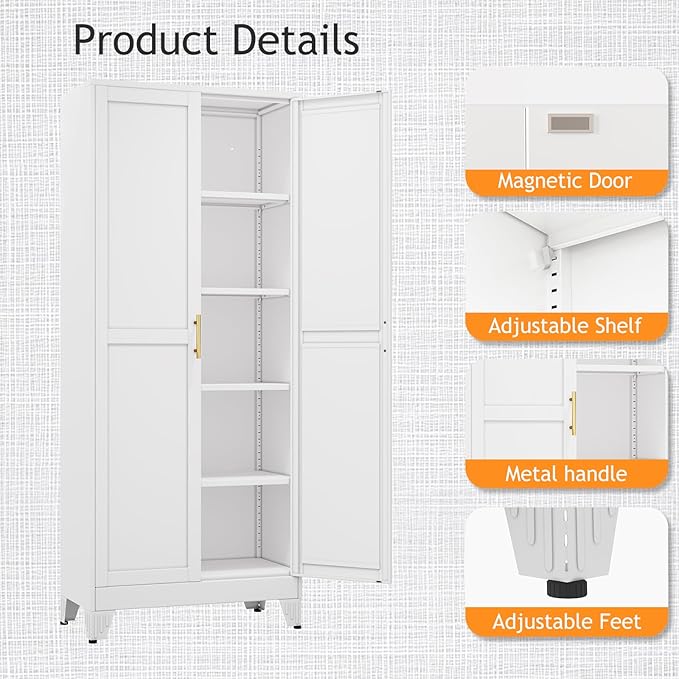 71" Tall Metal Pantry Storage Cabinet with Doors and 4 Adjustable Shelves, White Kitchen Food Pantry Cabinets, Tall Freestanding Cupboard for Kitchen, Dining Room or Living Room