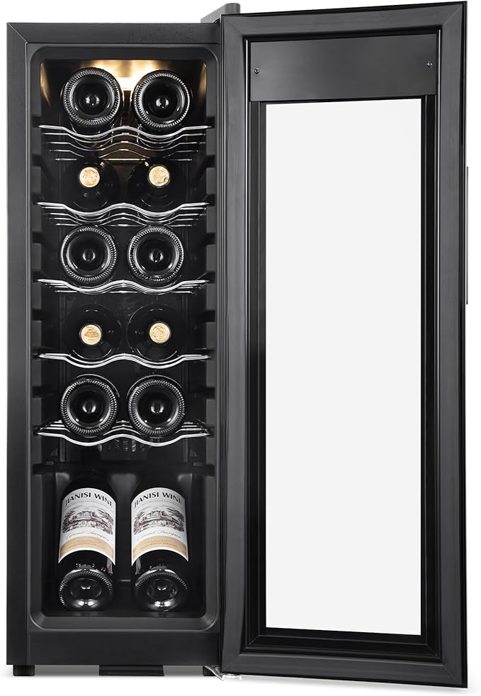 Wine Cooler Refrigerator 12 Bottles, Small Wine Fridge Mini Wine Fridge Countertop with Glass Door Wine Cellars for Red Wine, Champagne, Dry White Wine, Sparkling Wines