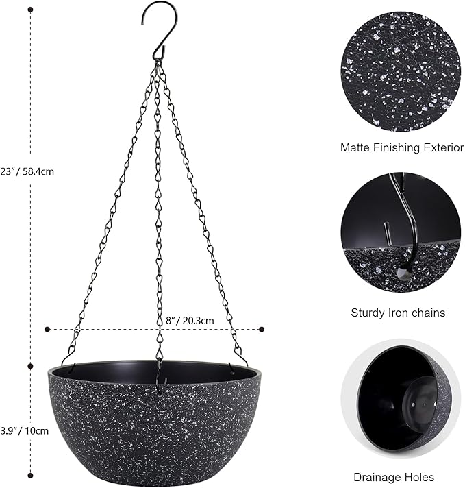 8 inch Small Hanging Planters for Indoor Outdoor Plants, 2 Pack Hanging Flower Plant Pots with Drainage Holes and Chain for Porch, Plastic Hanging Baskets for House Plants, Speckled Black
