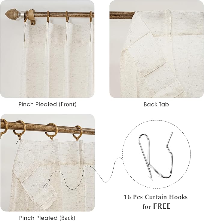 FMFUNCTEX Linen Sheer Pinch Pleated Curtains for Bedroom, Linen Flax Beige 63 Inch Length Sheer Curtain See Through Panels for Living Room, Natural Window Drapes for Farmhouse, Rod Pocket 2 Panels