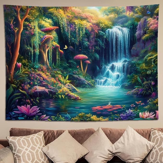keowhsf Forest Waterfall Tapestry with Mushrooms and Flowers – Colorful Floral Plants Natural Landscape Wall Art, Fantasy Aesthetic Wall Hanging for Bedroom Decor