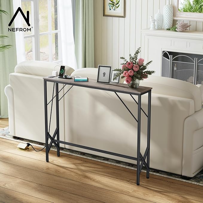 Console Table, Skinny Entryway Table with Fast-Charging Station, Narrow Long Sofa Table, Behind Slim Couch Table for Entrance, Hallway, Living Room Decor ST-GY100-1