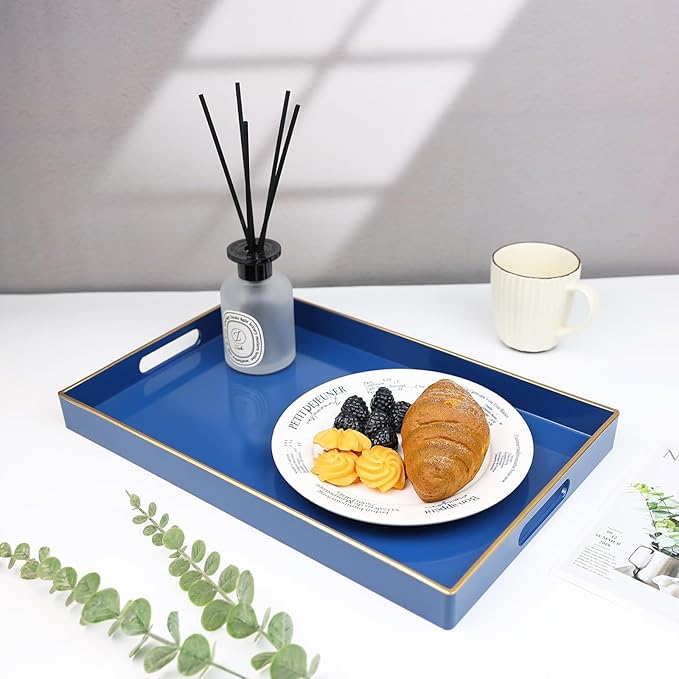 Spsyrine Blue Decorative Serving Tray with Handles, Elegant Plastic Coffee Table Tray for Ottoman, Living Room, Home Decor 15.6" X 10.2"