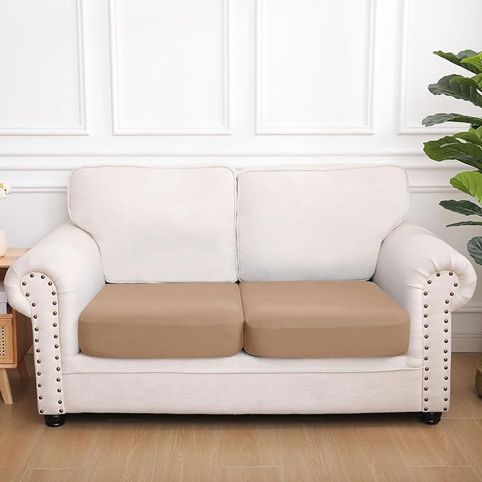 hyha Waterproof Couch Cushion Covers, Stretch Sofa Couch Seat Slipcover for Dog Washable, Non-Slip Waterproof Outdoor Cushion Covers for Patio Furniture Replacement (2 Pieces, Camel)