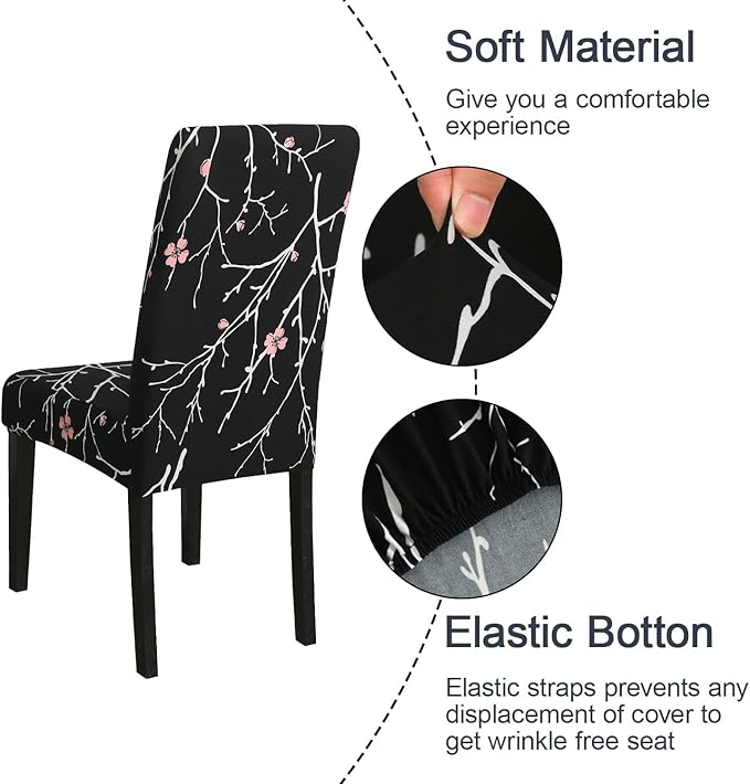 JQinHome Pattern Chair Covers for Dining Room Set of 6, High Stretch Removable Washable Parsons Chair Slipcover for Home Party Hotel Wedding Ceremony (Flourish Black,6PCS)