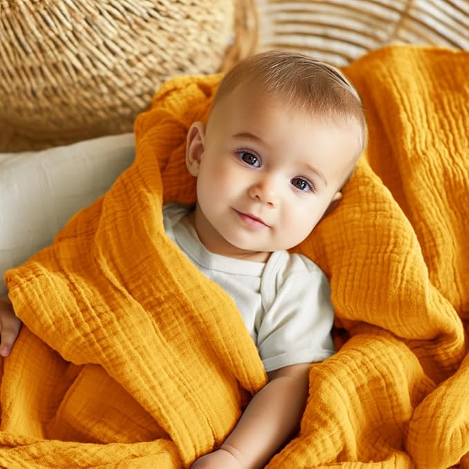EMME Muslin Baby Blankets 100% Cotton 4-Layer Swaddle 40"x50" Lightweight Soft Breathable for Toddler, Infant, Newborn All Season Gauze Blanket, Mustard Yellow