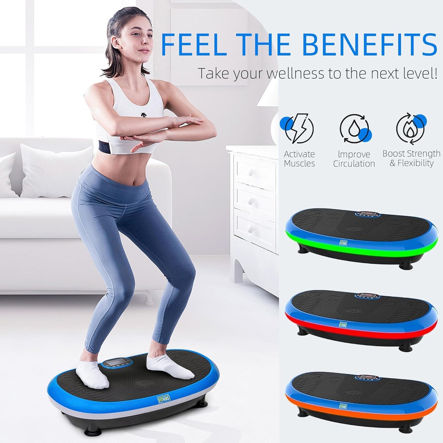 Vibration Plate Exercise Machine Workout Vibration Fitness Platform with Resistance Loops and Resistance Band, 2D, 3D or 4D