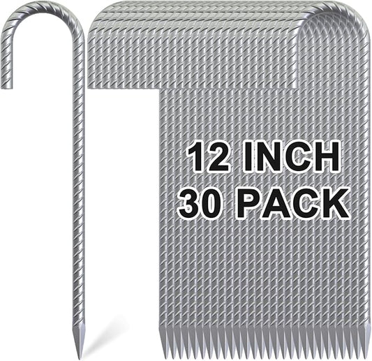 Rebar Stakes 12 Inch, 30 Pack Galvanized Metal Tent Stakes Heavy Duty Ground Stakes, J Hook Steel Fence Stakes for Ground, Outdoor Decoration, Wire Fencing, Gardening